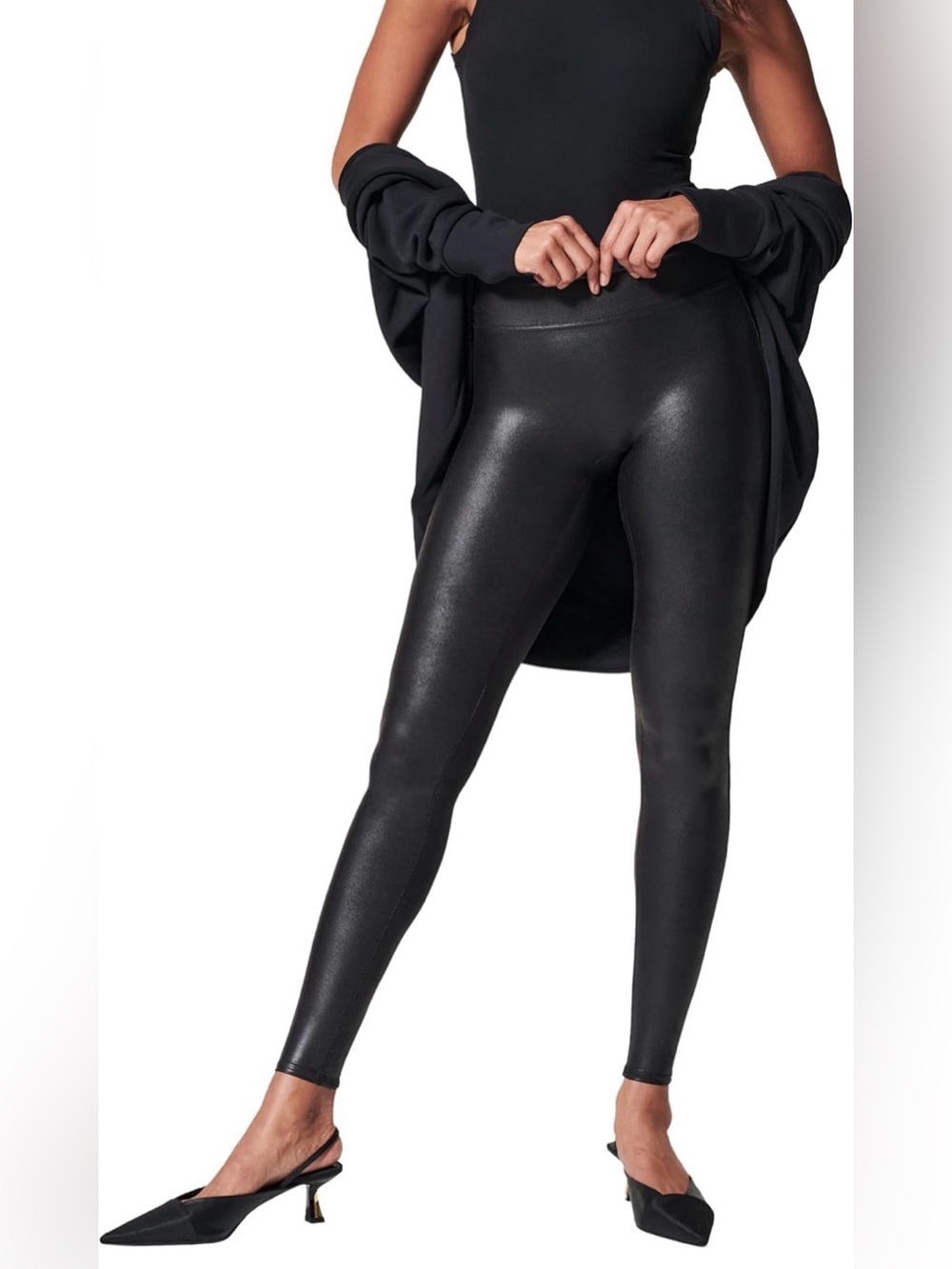 SPANX Black High-Waist Compression Faux Leather Leggings Black Sz XL